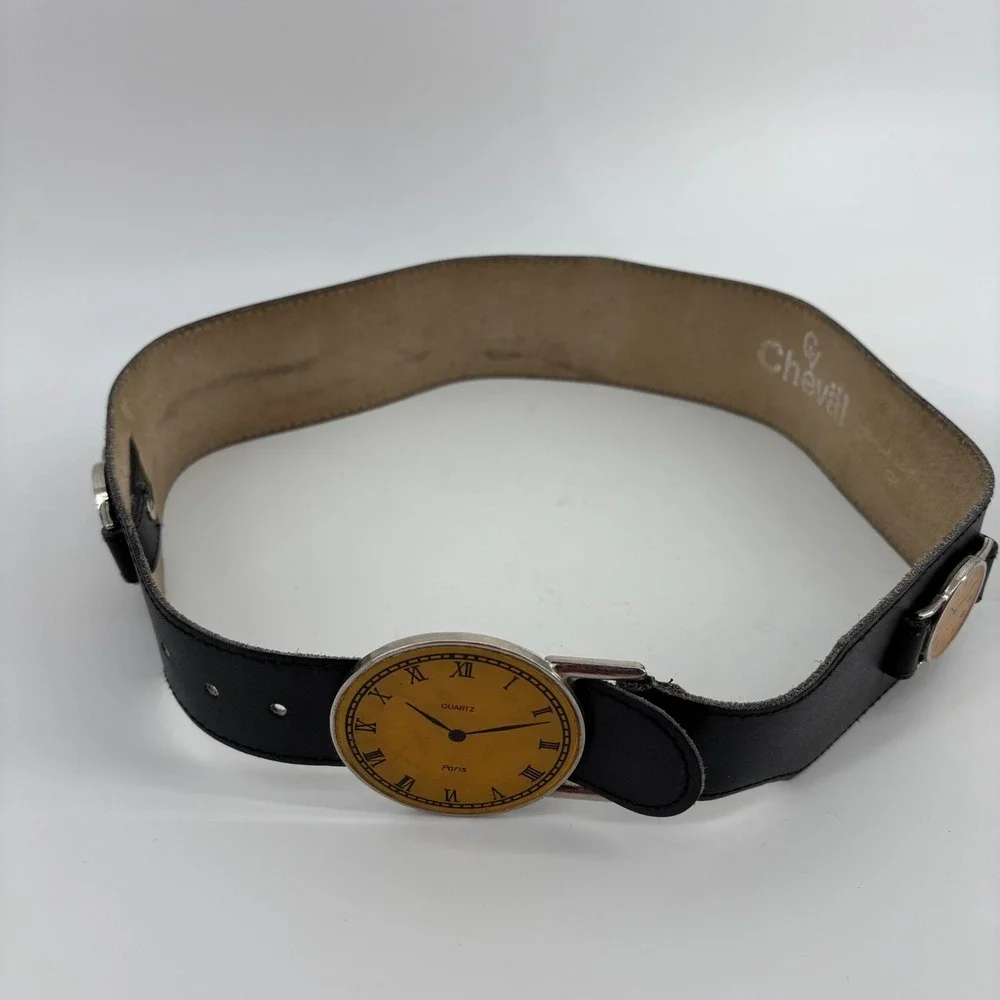 Cheval Watch Face Waist Belt Womens Small Black Leather Vintage Roman Numeral
